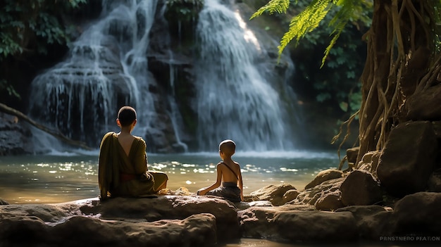 Erfrischende Harmonie Kleiner Mönch und Kind baden beim Wasserfall