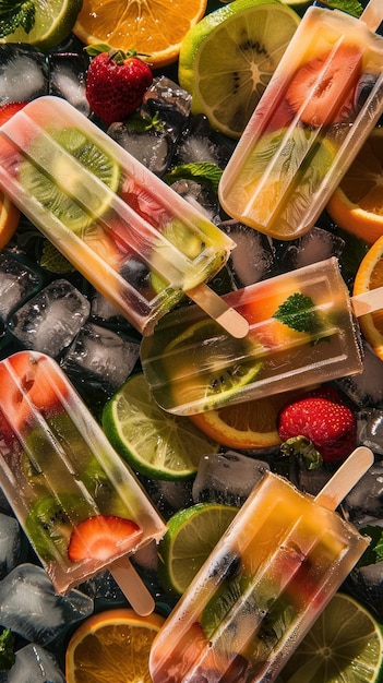 Erfrischende hausgemachte Frucht-Popsicles vor dem Hintergrund des Sommerblaues perfekt für einen heißen Tag