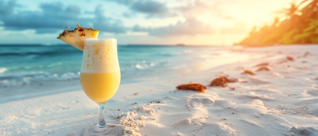 Erfrischende Pina Colada an einem tropischen Paradiesstrand mit sonnigen Sommervibrationen