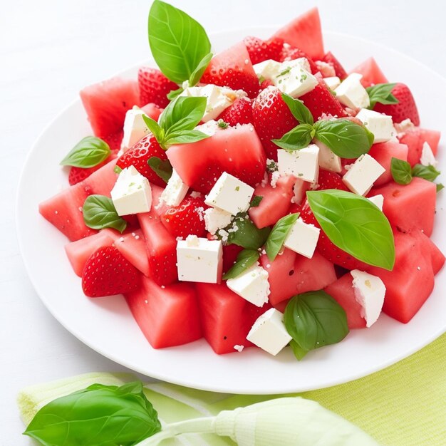 Erfrischende Sommerfreude Wassermelonsalat mit Erdbeeren-Mozzarella und Basilikum KI-generiert