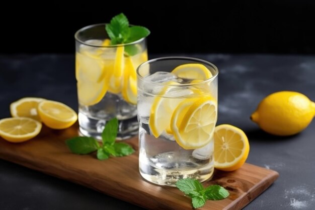 Erfrischende Sommerlimonade mit Zitronenscheiben und Eiswürfeln, hergestellt mit generativer KI