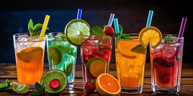 Erfrischende und farbenfrohe Mocktail-Bar mit funky Strohhalmen und exotischen Fruchtgarnituren Generative ai