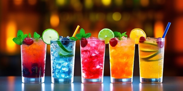Erfrischende und farbenfrohe Mocktail-Bar mit funky Strohhalmen und exotischen Fruchtgarnituren Generative ai