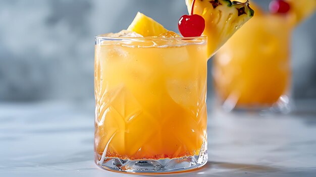 Erfrischender Ananas-Cocktail, garniert mit Kirschen- und Ananaskeil