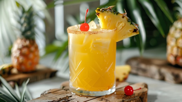 Erfrischender Ananas-Cocktail mit einer Kirsche oben Das Glas sitzt auf einem Holztisch mit Palmblättern im Hintergrund