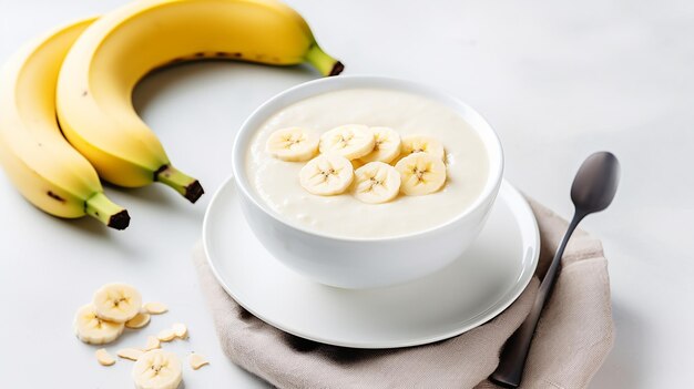 Foto erfrischender bananensmoothie in einer schüssel auf weißem hintergrund frischfrucht-frühstücksgetränk