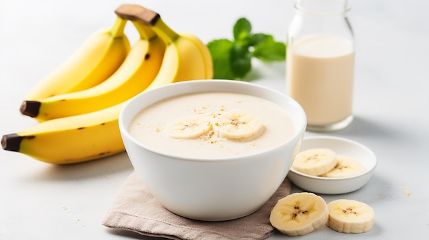 Foto erfrischender bananensmoothie in einer schüssel auf weißem hintergrund frischfrucht-frühstücksgetränk