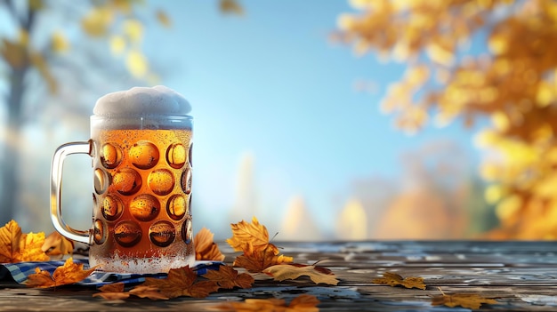 Erfrischender Bierbecher mit frostiger Kondensation auf einem Holztisch mit Herbstblättern im Hintergrund