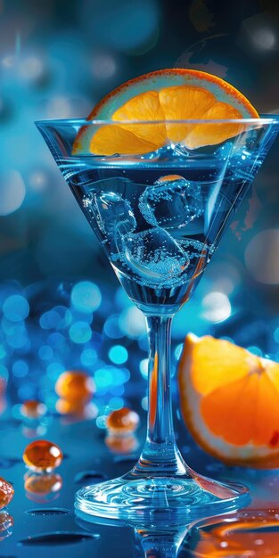 Foto erfrischender blauer martini-cocktail mit orange und maraschino closeup von zitrusfleisch