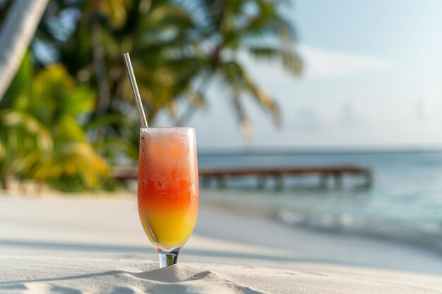 erfrischender bunter Cocktail mit einem Metallstrohhalm an einem weißen Sandstrand