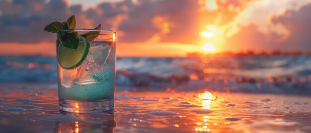 Foto erfrischender cocktail am tropischen strand mit sonnenuntergang im hintergrund