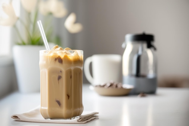 Erfrischender cremiger Eiskaffee auf einem sauberen weißen Tisch