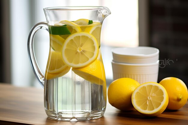 Erfrischender Elixierkrug Wasser mit Zitronenscheiben
