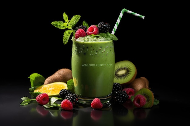 Erfrischender grüner Smoothie mit Himbeeren Kiwi und Minze Grüner smoothie mit Früchten und Beeren auf schwarzem Hintergrund Gesundes Lebensmittelkonzept KI generiert