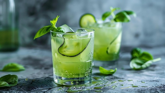 Erfrischender Gurken- und Basilikum-Cocktail mit Eis in einem Glas auf einem grauen Steingrund