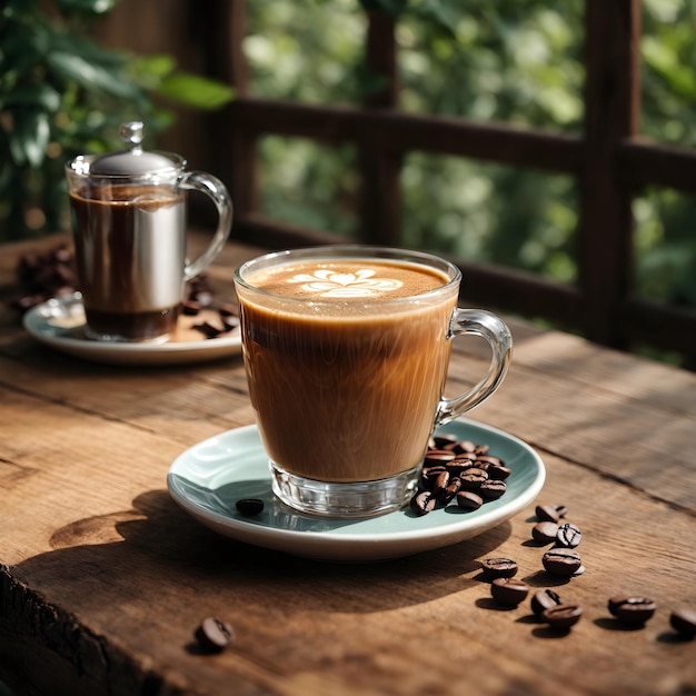 Erfrischender Kaffee auf Holztisch, perfekt für den Sommer