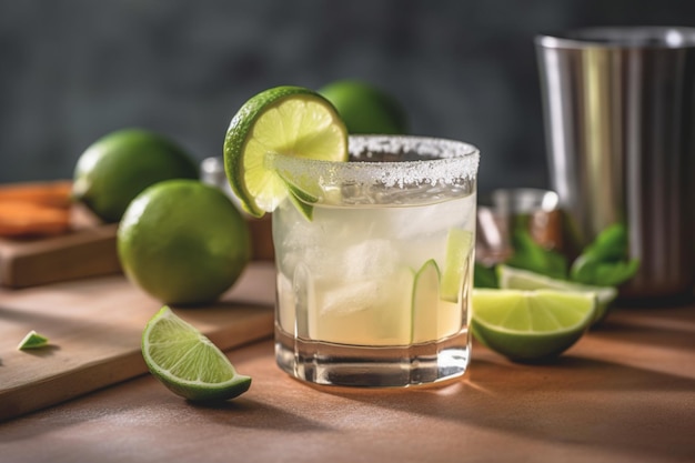 Erfrischender klassischer Margarita-Cocktail mit Limette und Minze auf weißem Tisch in weißer Küche Nahaufnahmefoto mit Platz für Text