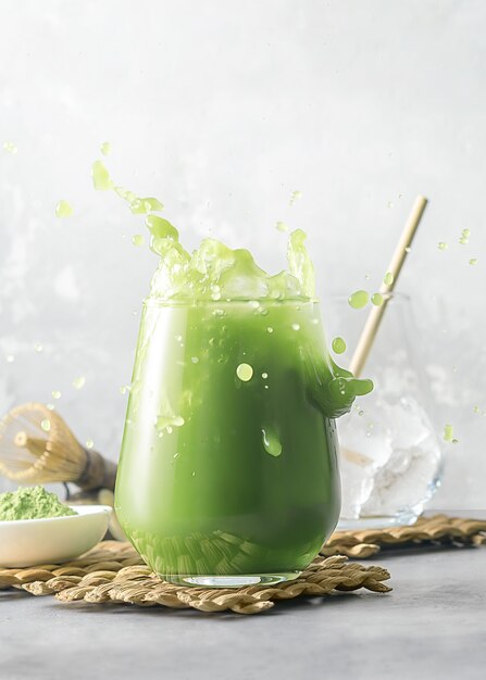 Erfrischender Matcha-Tee mit Eis und Spritzern auf grauem Hintergrund mit Kopierraum.