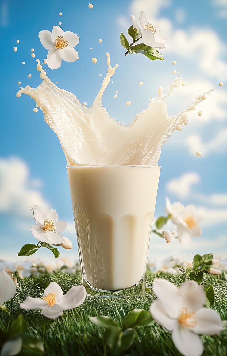 Erfrischender Milchspritz in einem Glas umgeben von Jasminblumen in einer lebendigen Umgebung im Freien