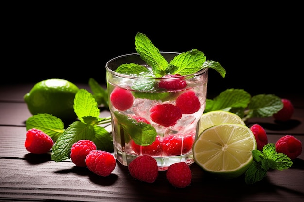 Erfrischender Mojito-Cocktail mit Minzblatt und Himbeergarnierung