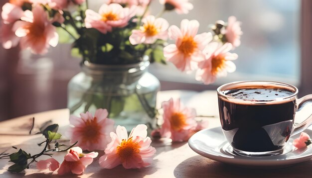 Foto erfrischender schwarzer kaffee ein gemütlicher frühlingsmorgen ein erfrischender tag zu hause mit einer tasse kaffee