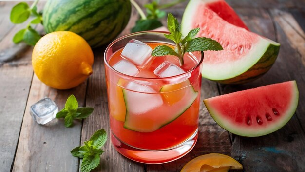 Erfrischender Sommer-Zitruscocktail mit Zitrone, Wassermelone und Melone mit Minze und Eiswürfeln im Glas