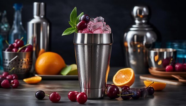 Erfrischender Sommercocktail mit Bio-Beeren auf einem rustikalen Tisch, der von KI generiert wurde