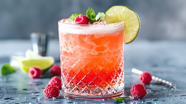 Erfrischender Sommercocktail mit Himbeeren, Limette und Minze in einem Glas