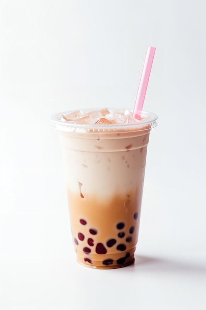 Foto erfrischender taiwanesischer eismilchtee mit bubble boba, isoliert auf weißem hintergrund