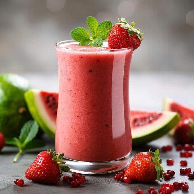 Erfrischender Wassermelonen- und Erdbeer-Smoothie in einem Glas mit frischem Obsthintergrund Perfekt für den Sommer Dr.
