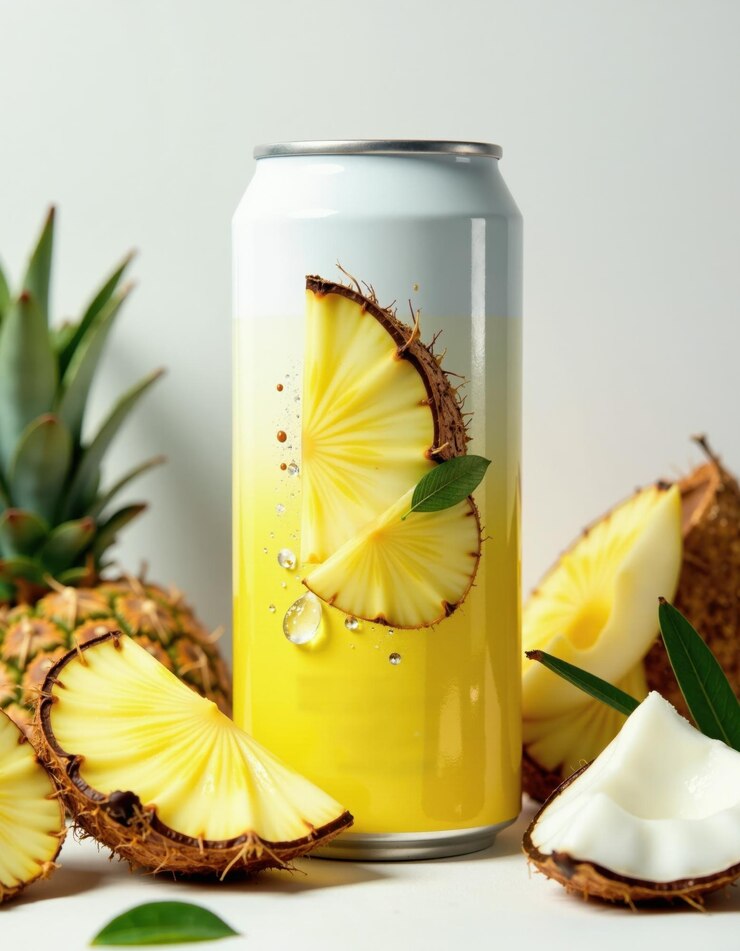 Erfrischendes Ananasgetränk mit tropischen Früchten und Kokosnusselementen für das Sommerdesign
