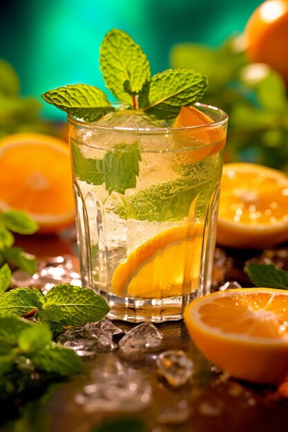 Erfrischendes Getränk in einem Glas mit Orange und Minze auf einem Holzbrett auf einem weißen Hintergrund Nahaufnahme Generative KI