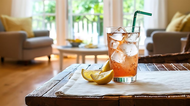 Erfrischendes Getränk mit Eis im Glas auf einem Tisch