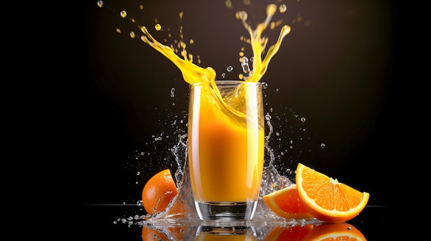 Erfrischendes Glas Orangensaft mit einem Spritzer Orangen, verbessert durch generative KI