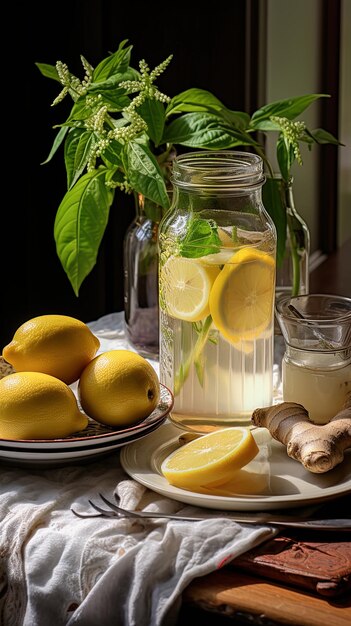 Foto erfrischendes golden ginger beer ale mit zitrone