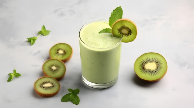 Erfrischendes Kiwi-Fruchtgetränk mit frischer Kiwi-Beilage. Stock-Bild für