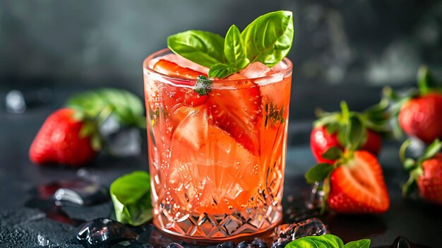 Erfrischendes Sommergetränk mit Erdbeeren und Basilikum Kaltes Getränk mit frischen Beeren Eiswürfeln und Basilikumblättern in einem Glas auf dunklem Hintergrund