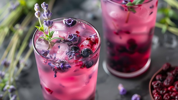 Erfrischendes Sommergetränk mit Lavendel und Blaubeeren Das Bild ist aus einer Nahaufnahme aufgenommen und zeigt die Einzelheiten des Getränks und der Zutaten