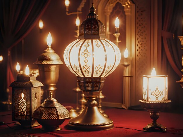 Ergonômico Lanterna islâmica ornamental elegante em veludo vermelho faz um ambiente perfeito para Ramadan ou Eid Copy Space