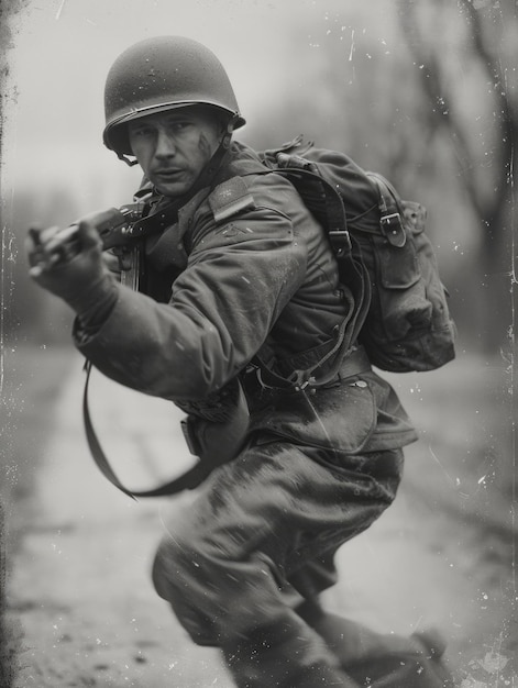 Ergreifendes Kriegsporträt Opfer und Tapferkeit in einem Soldaten emotionales Foto aus dem Zweiten Weltkrieg eine kraftvolle Darstellung des menschlichen Tolls und der Widerstandsfähigkeit inmitten des Kampfes um Freiheit