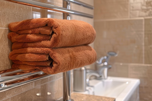 Erhitzte Handtuchleiste mit Handtüchern im Badezimmer