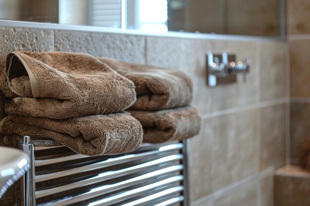 Erhitzte Handtuchleiste mit Handtüchern im Badezimmer