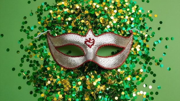 Erhöhter Blick auf glänzende dekorative Augenmasken und Konfetti vor grünem Hintergrund