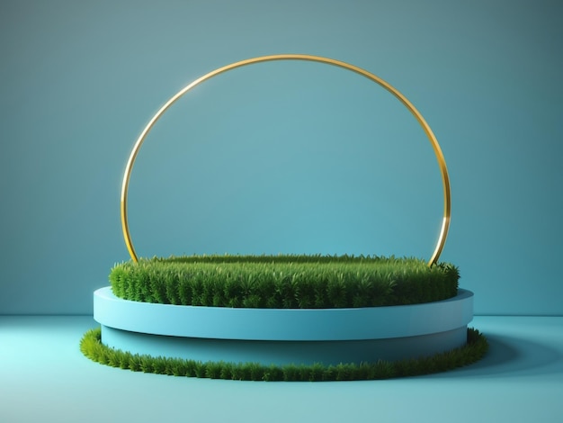 Erhöhtes Naturgras-Podium auf blauem Hintergrund mit Graskreis