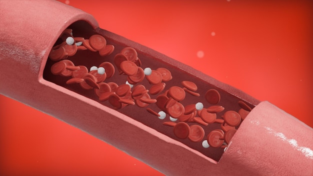 Eritrócitos de glóbulos vermelhos com leucócitos fluem dentro de uma vista de artéria de seção transversal de artéria