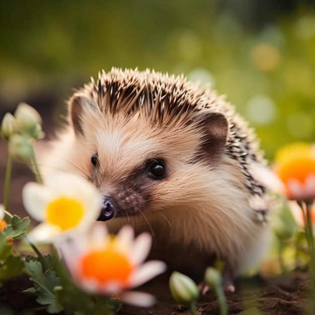 Un erizo en un campo de flores.