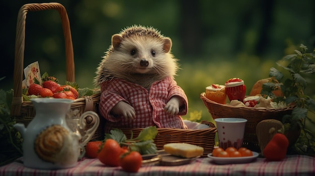 erizo con una cesta de comida y una taza de té