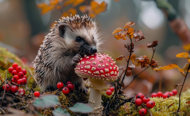 Un erizo comiendo hongos en el bosque de otoño Un erizo comer de un hongo enorme en el bosque musgo