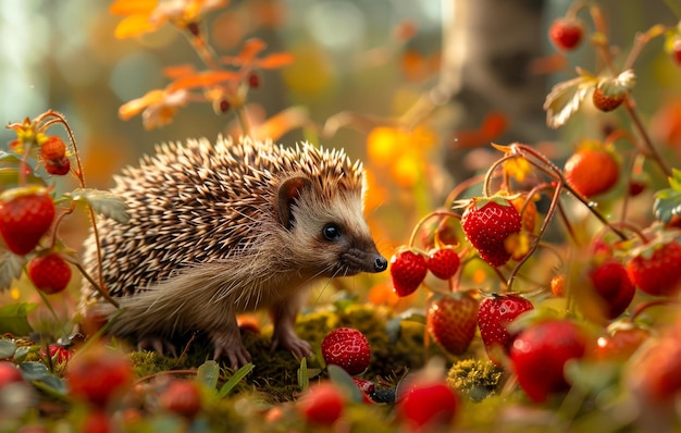 El erizo está caminando en el bosque entre las fresas