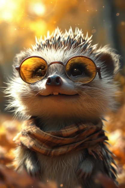 Erizo gracioso con gafas en el bosque de otoño ilustración 3d